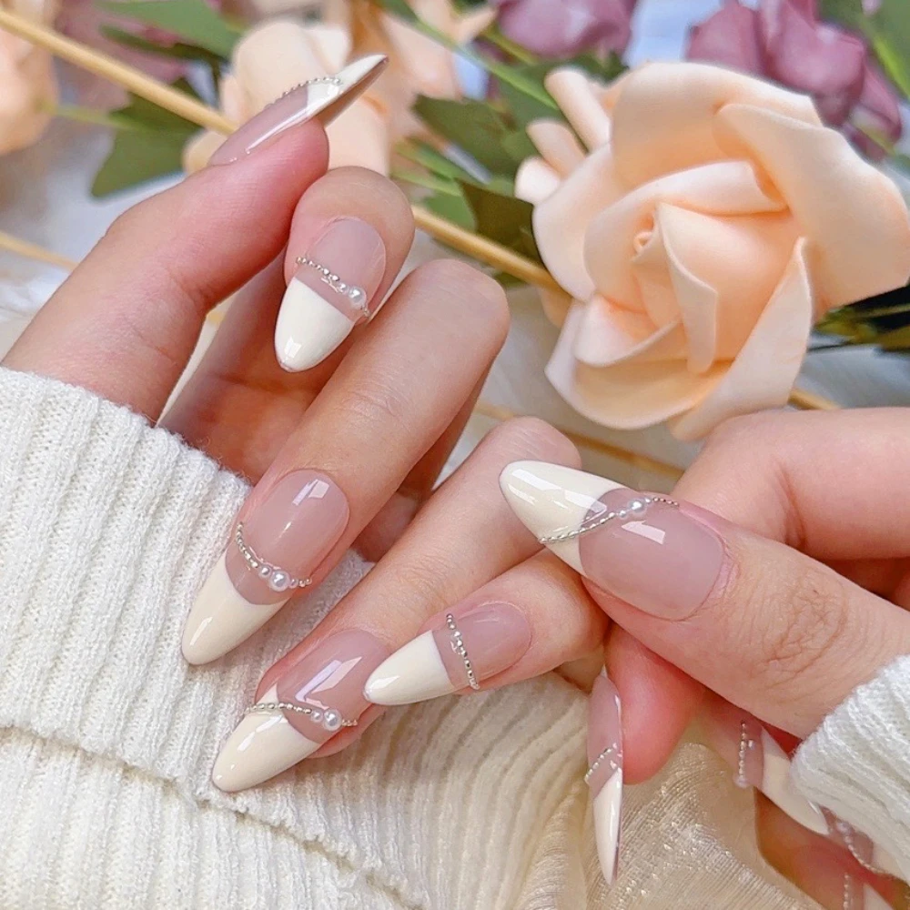 Press On Nails 10 Pcs  2024 New Handmade Simple & Elegant French Limited Medium Almond False Nails Design Art DIY Nails with Set