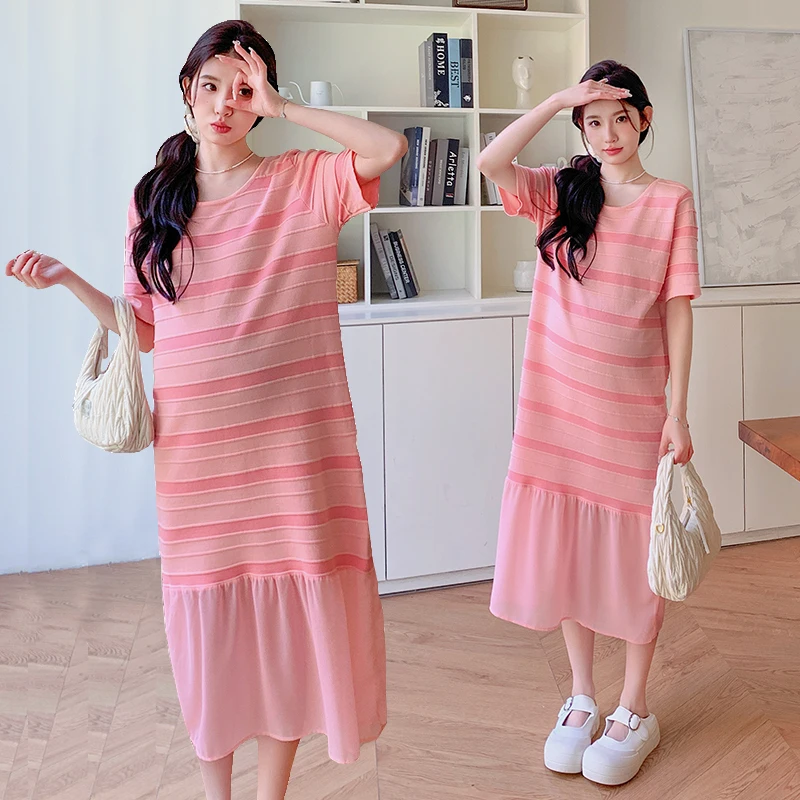 

Summer Pregnant Women's Striped Dress Ruffles Hem Patchwork Knitted Maternity Fishtail Dresses Pregnancy Trumpet Mermaid Dress