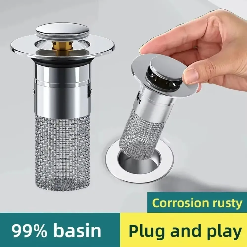Universal Rebound Drain Plug Filter Basin Pop-up Chrome Sink Filter with Hair Catcher Bathroom Sink Drain Stopper Easy Push Type