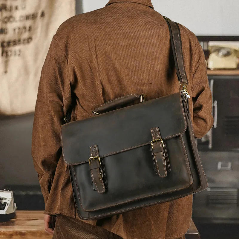 Vintage Crazy Horse Leather Bag for Men Cowhide Genuine Leather Crossbody Bag Single Shoulder Handheld Laptop Commuter Bag