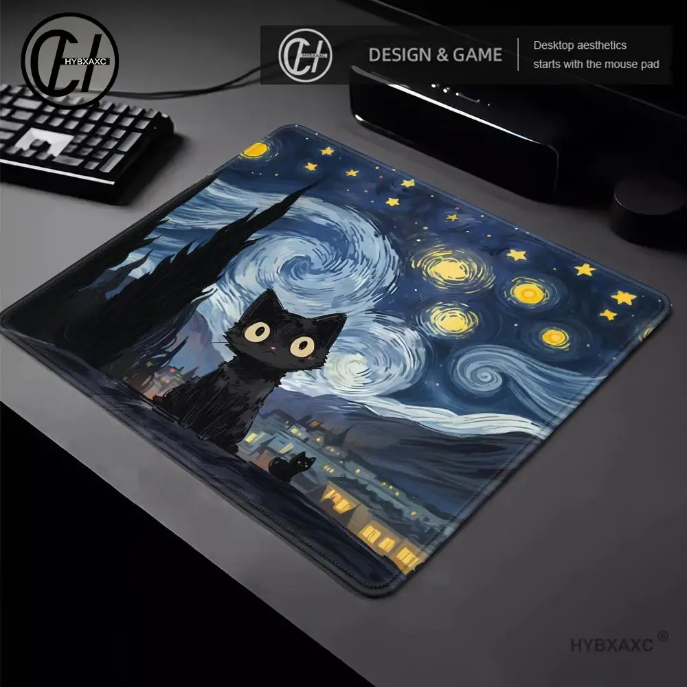 Starry Night Black Cat Small Mouse Pad Van Gogh's Desk Mat Desktop Computer Keyboard Wireless Mouse Boy Girl Gift for Play games