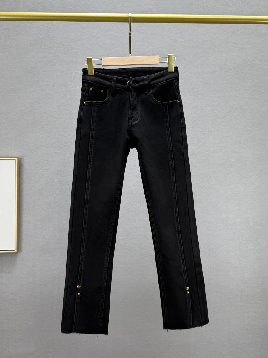 

Женские зимние джинсы с высокой талией, на флисовой подкладке, прямого кроя, новые, эластичные, утягивающие, черные, с разрезами, укороченные, из хлопка, стрейч