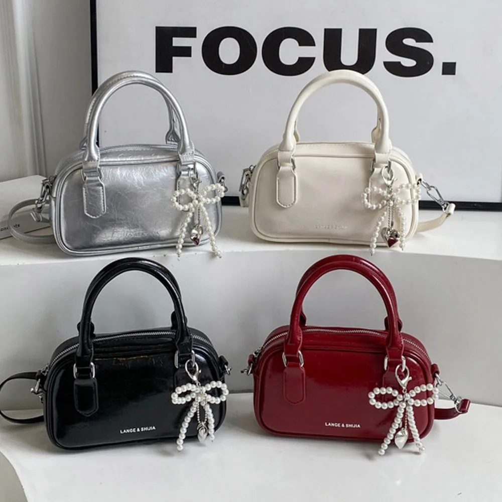 

Solid Color Fashion Design Sense Crossbody Bag With Pearl Bow Versatile Handbag Shopping Work Handbag Women Purse Shoulder Bag