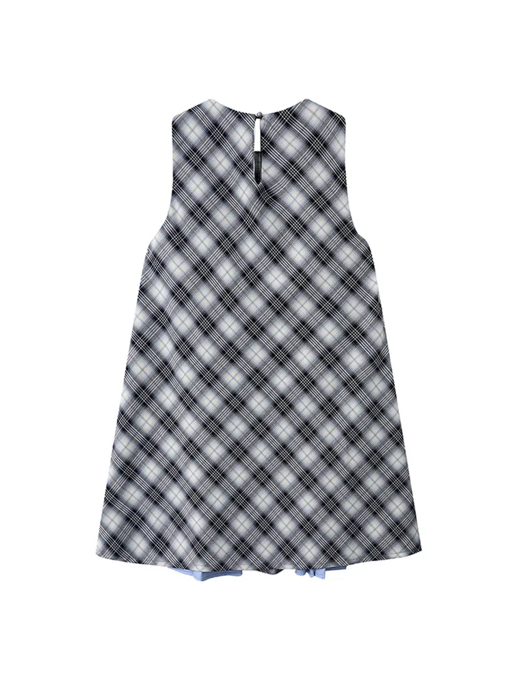 Summer New Design Blue Plaid Sleeveless A-line Dress Women Sweet O-Neck Bow Pleated Mini Dress Fashion Loose One-Piece Frocks