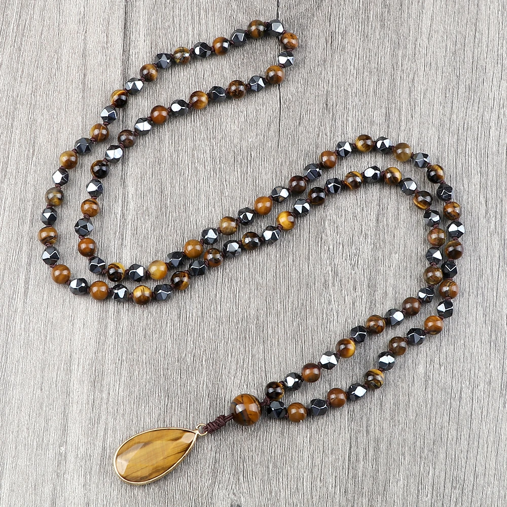 New Drop Pendant 108 Beads Necklace Irregular Hematite Tiger Eye Stone Health Protection Men Long Necklaces Women Yoga Jewelry