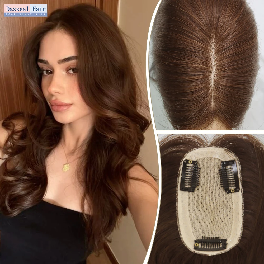 

Накладка на голову из натуральных прямых человеческих волос на шелковой основе, светло-коричневая, 100% натуральная, с кружевной окантовкой и полиуретановым краем 6x12, с заколками, для женщин с редкими волосами