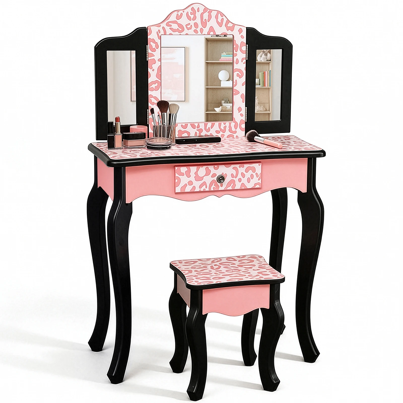 USA STOCk Children Dresser Three-Fold Red Leopard Print Mirror Single Drawer Arc Feet Children Dresser with stool