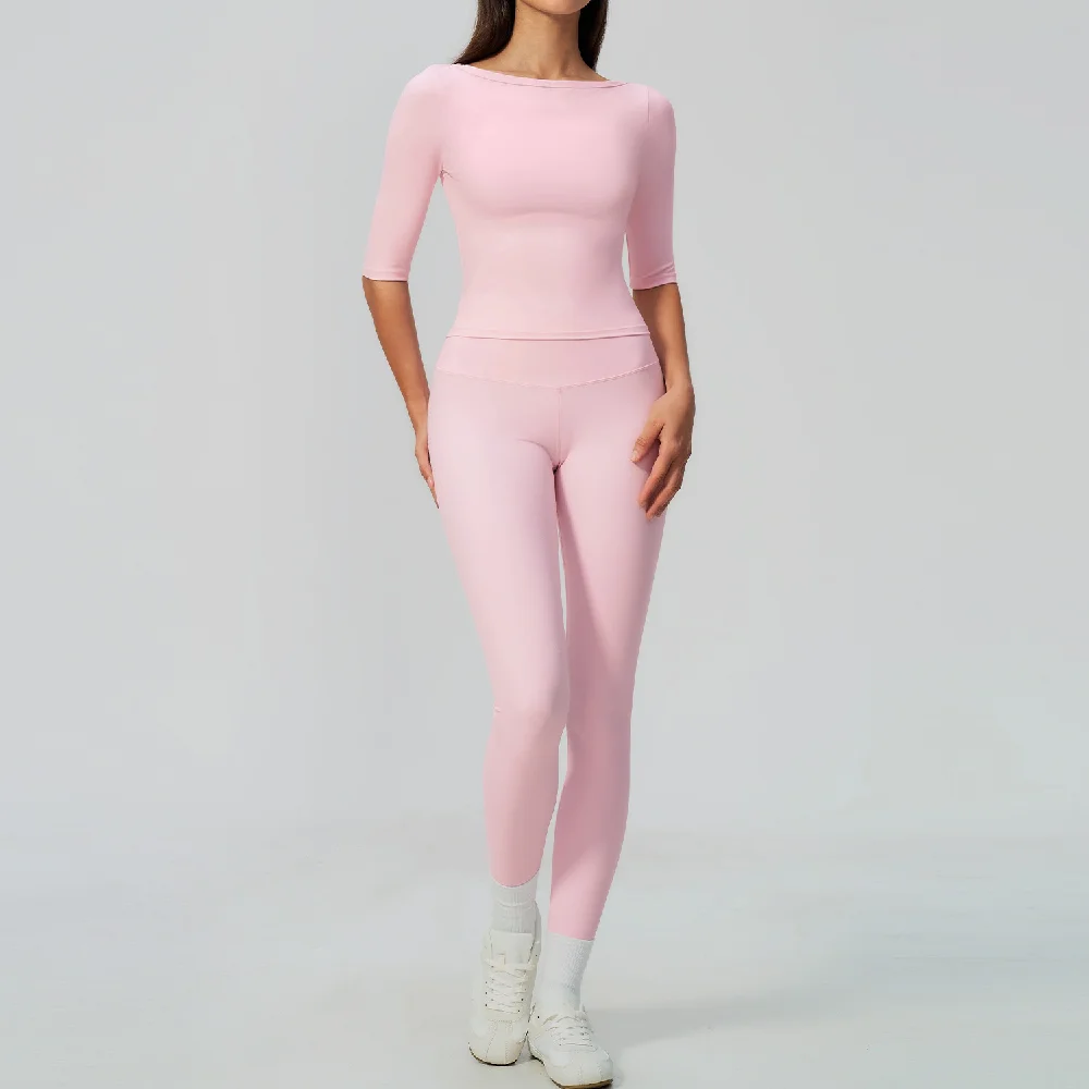 2 Piece Fitness Suit Yoga Set Women's Gym Clothing Outfits Workout Sportswear Tracksuit Mid Sleeve Crop Top High Waist Leggings