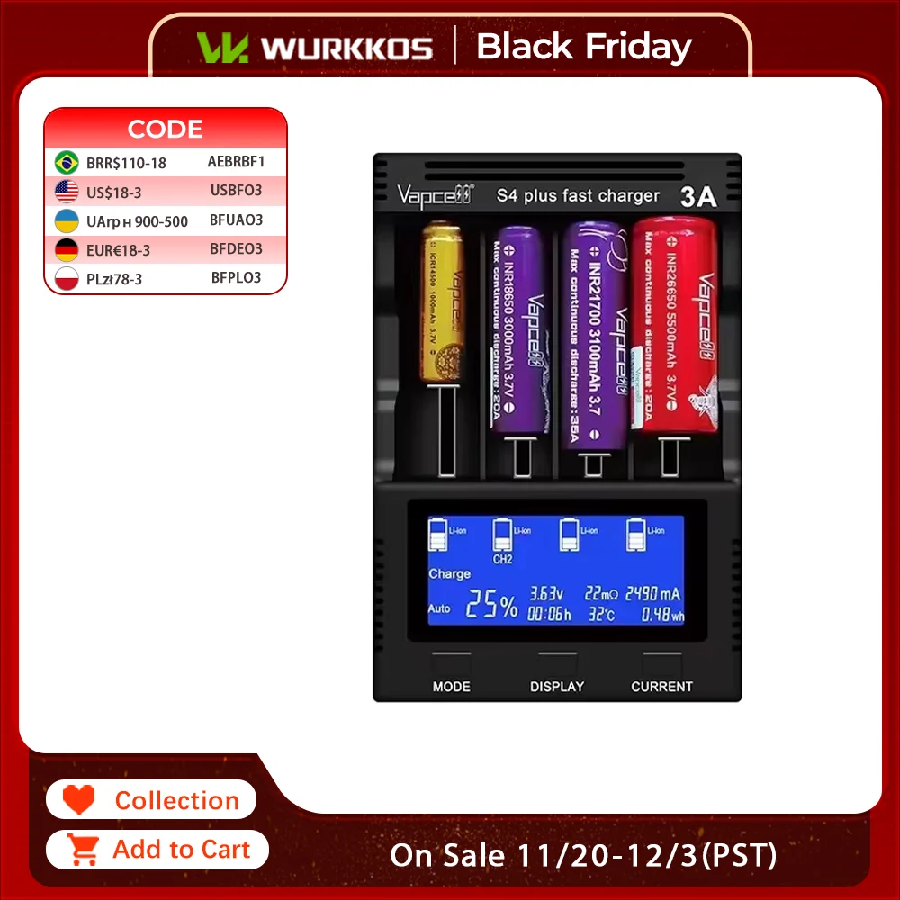 

Vapcell S4+ Smart Chargers 4 Slots Max 3A Per Slot Battery Charger for 10440 14500 16340 18650 21700 26650 Charge Protection