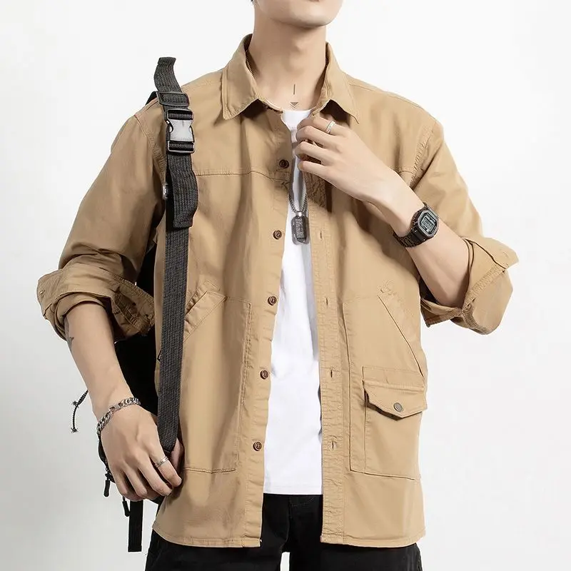 Men Long Sleeve Cargo Shirt Casual Cotton Shirts High Quality Camisa Militar Overshirt Brand Clothing Khaki Black Blouses BL825