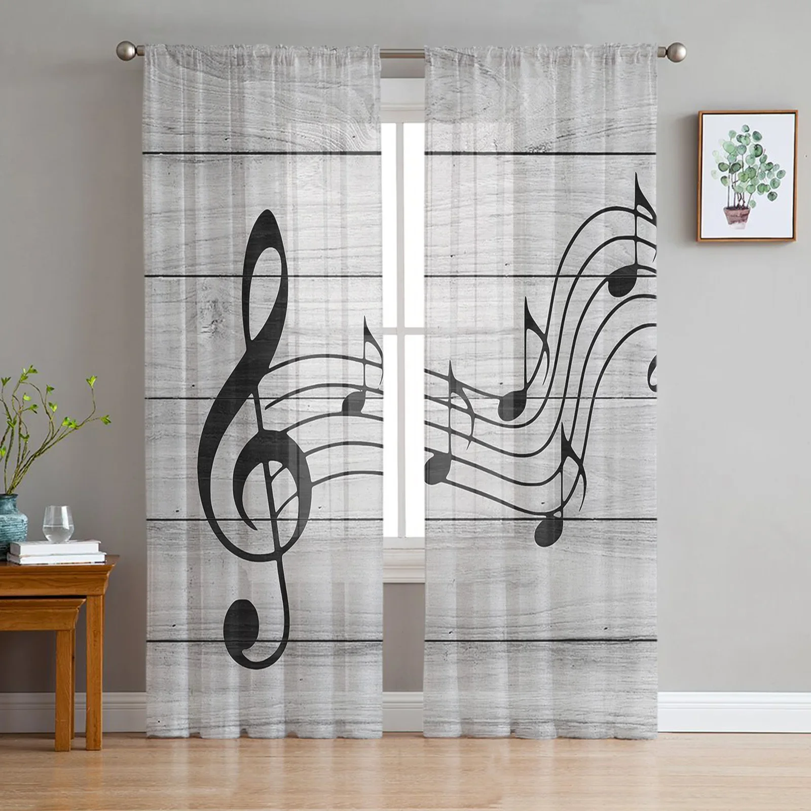 Wood Grain Musical Black Note Window Curtains Bedroom Modern Drape Sheer Tulle Valances Living Room Kitchen Voile Curtain