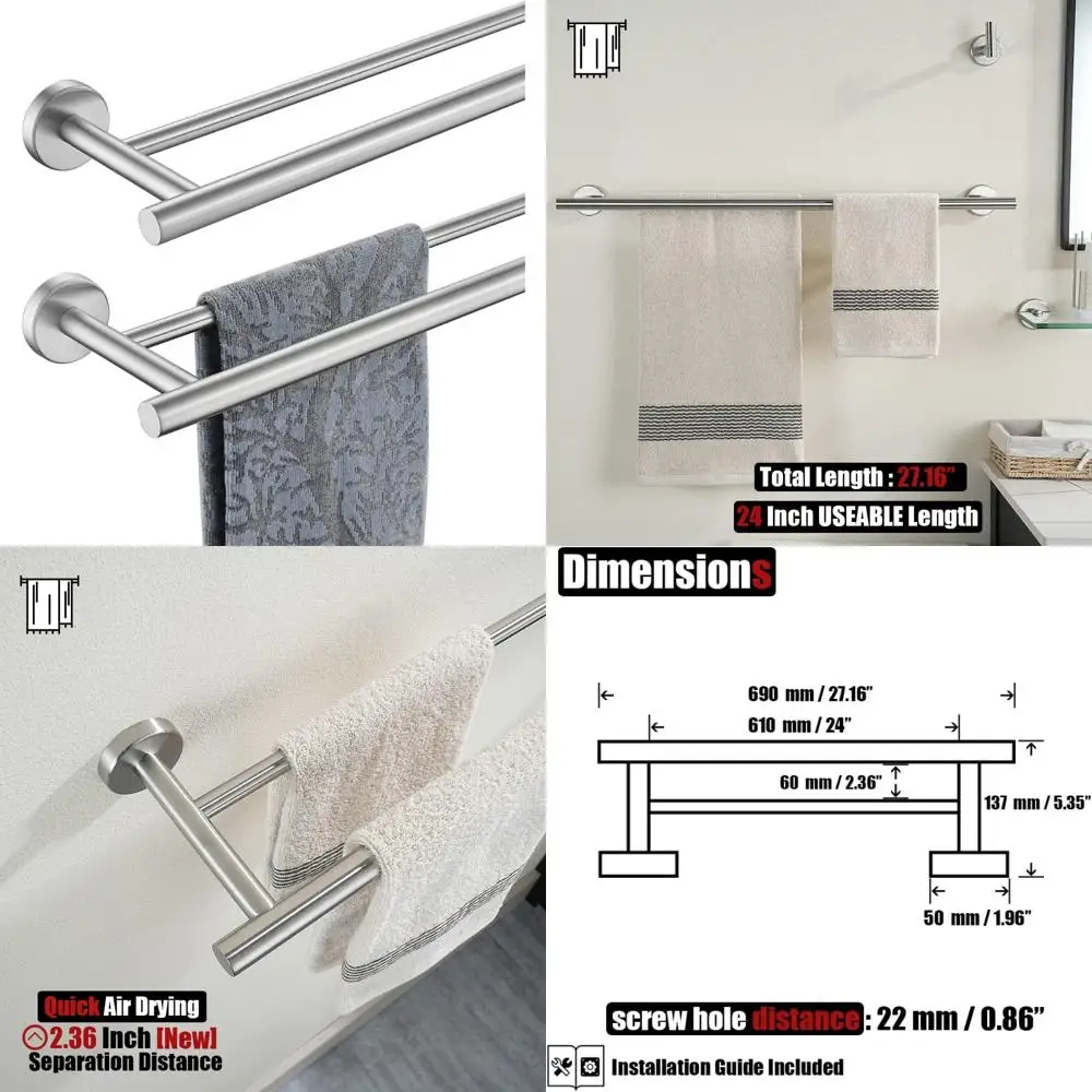 

24 Inch Usable Length, Brushed Steel, 304 Stainless Steel, 0.8mm Thick, Bath Towel Rack for Bathroom