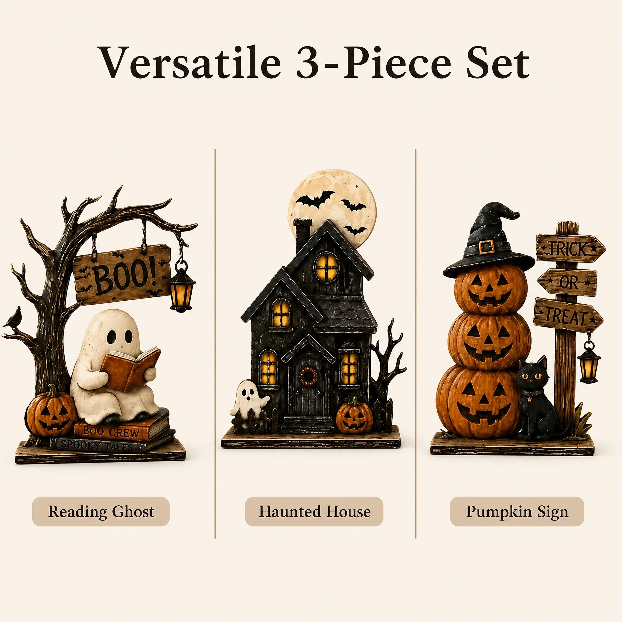 3 Piece Vintage Halloween Wooden Decor Set, Fall Seasonal Home Decor, Ghost Cat Pumpkin Elements, Bedroom Living Room Window Dec