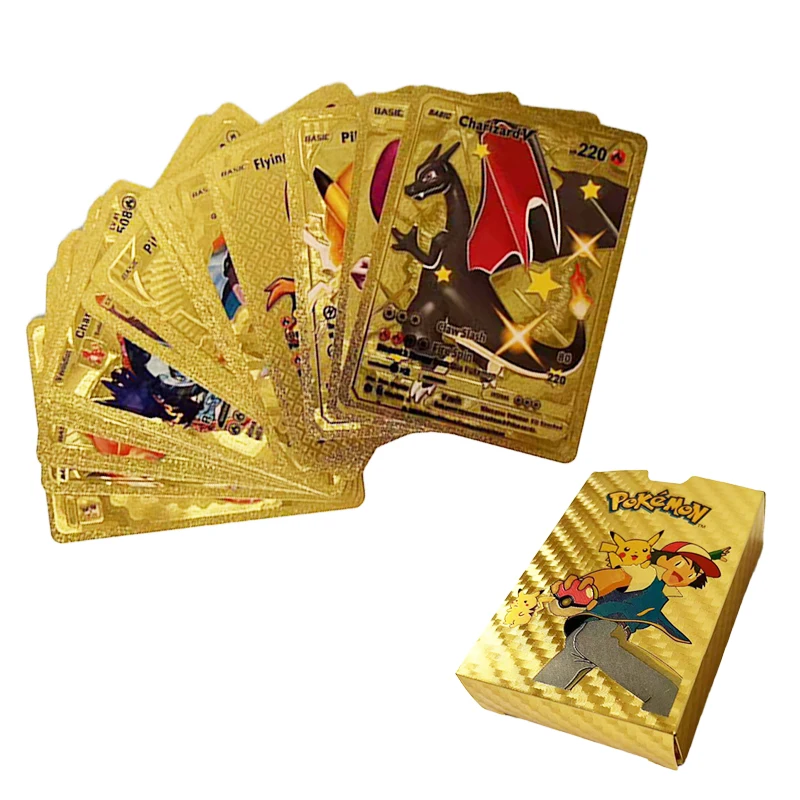 15-55pcs Pokemon Gold Pikachu Cards Box Golden Silver Spanish French English Charizard Cards Rare Collection Battle Card Toys