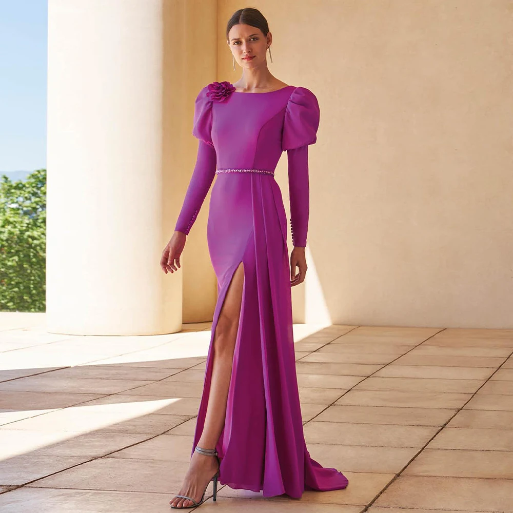 

Fuchsia Wedding Guest Dresses for Women 2024 Long Sleeves Mermaid Formal Evening Gowns Trumpet Side Slit Boat Neck Party Dress