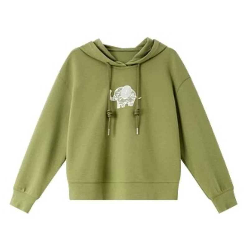 VIMLY Green Hoodies Woman Autumn 2025 Casual Elephant Funny Embroider Loose Ribbed Cuffs Female Sweatshirts Clothes Woman A2001