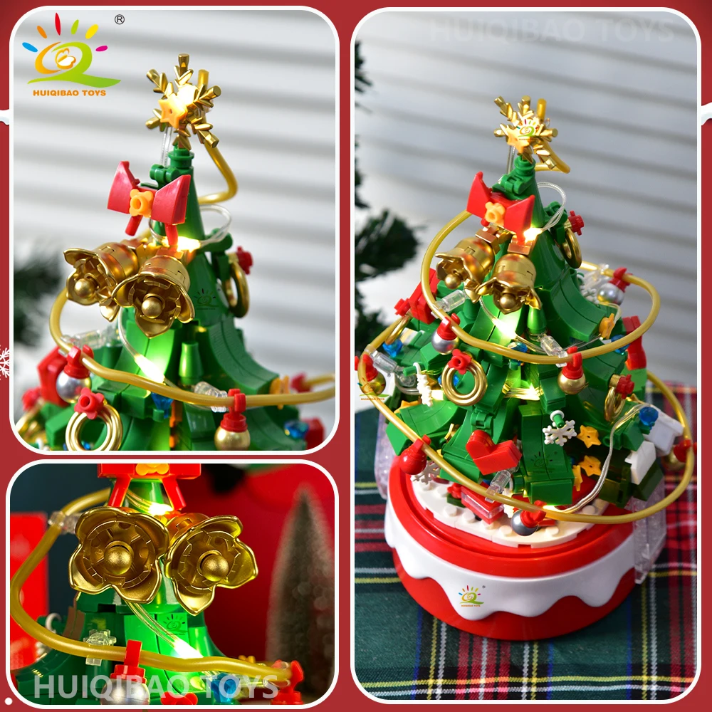 HUIQIBAO Mini Christmas Tree Santa Claus Music Box Model Micro Bricks Building Block DIY Bricks Toys for Adult New Year Gift