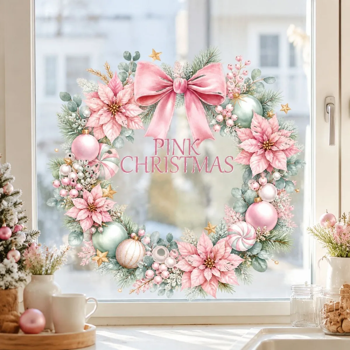 1pc Christmas Pink Flower Wreath Stickers Window Decorations Can Remove Static Electricity Window Stickers Party Decorations