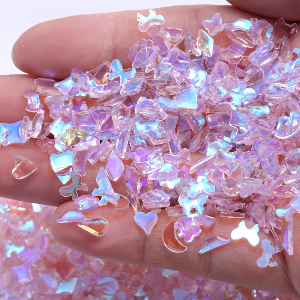 100 adet buz temizle mavi Mix tırnak Rhinestones 3D düz geri özel şekil tırnak dekorasyon düzensiz kristal taşlar tırnak aksesuarları