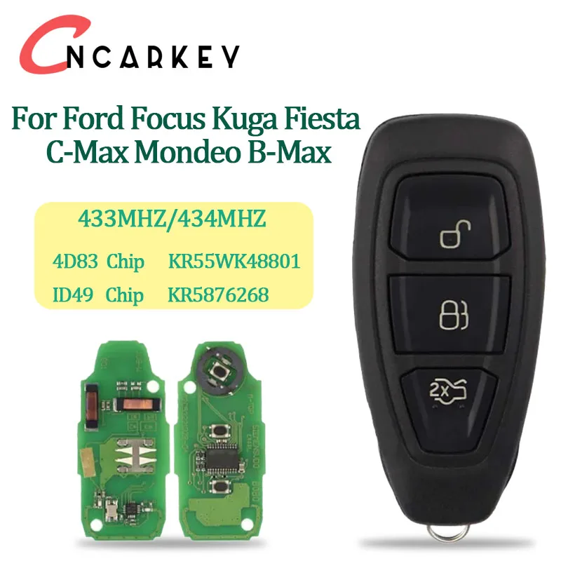 

3 buttons Keyless Go Smart Remote Car Key For Ford Focus Kuga Fiesta C-Max Mondeo B-Max 433MHz FSK with 4d83 49Chip HU101 Blade