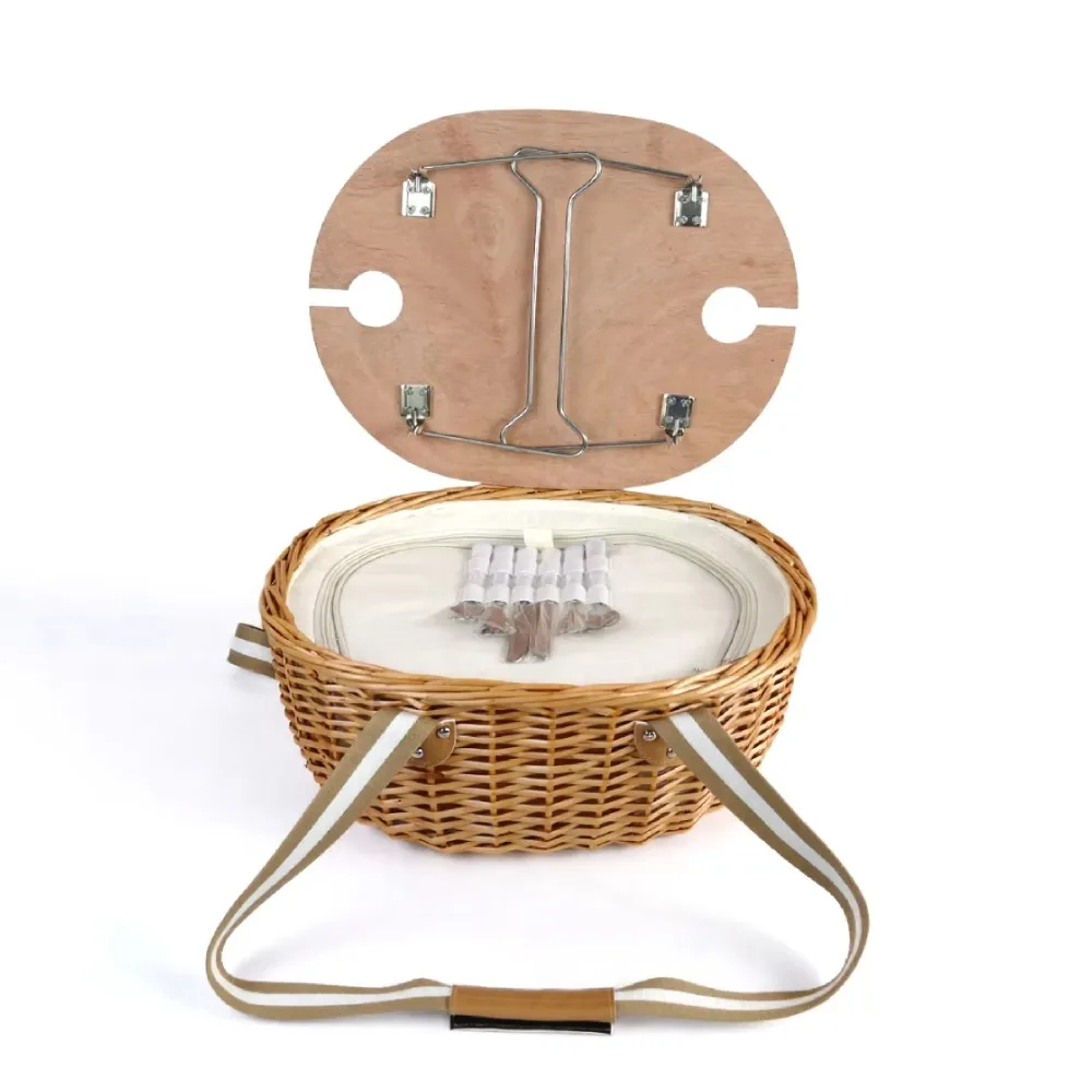 Wholesale Luxury Insulated Wood Willow Picnic Basket with Wicker Cover Customized Outdoor Handmade Wicker Craft