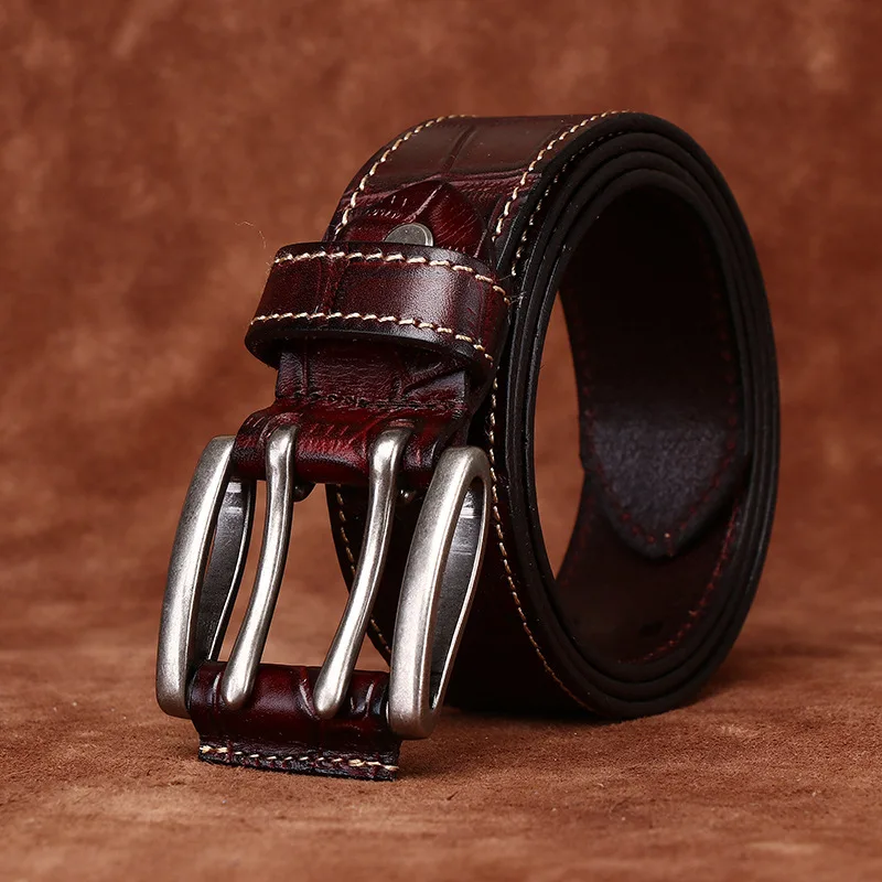 3.8cm Vintage Crocodile Pattern Embossed Top Layer Cowhide Double Pin Buckle Belt Men Genuine Leather Casual Denim Belt Men