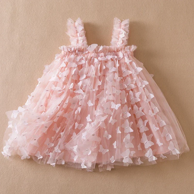 

2024 New Summer Baby Girls Dress 3D Butterfly Tulle Tutu Princess Dress Birthday Party Strap Dress for Toddler Kids Clothes 1-5Y