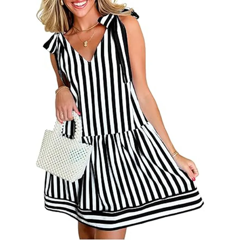 Dames à la mode col en v à lacets jupe courte a-ligne jupe rayé robe imprimée été décontracté épaule à lacets robe