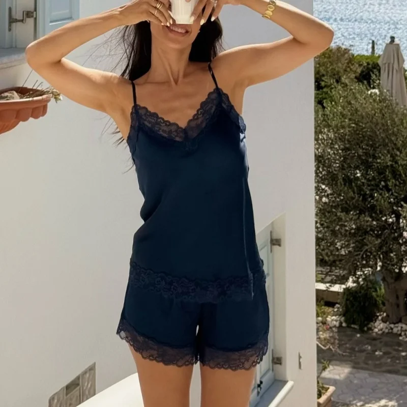 Vrouwen Loungewear 2 Stuk Outfits Set Bloemen Kant Trim Patchwork V-hals Verstelbare Band Hemdje Top Met Shorts 2025 Zomer