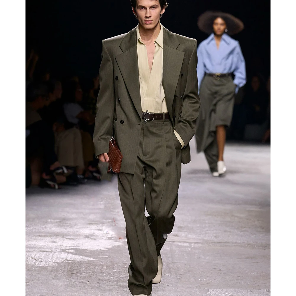 

Dark Khaki Green Notch Lapel Men's Simple Vintage Suit 2 Piece Set Double-Breadted Loose Fit Office Party Male(Jacket+Pants)