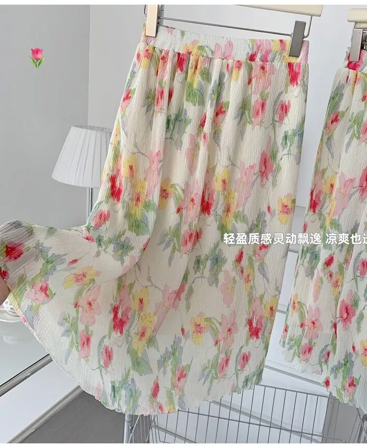 

Women Floral Print Skirts Vintage Pleated 2023 Spring Summer Chiffon Pleated printing long Designed Chic Bottom 4XL 5XL