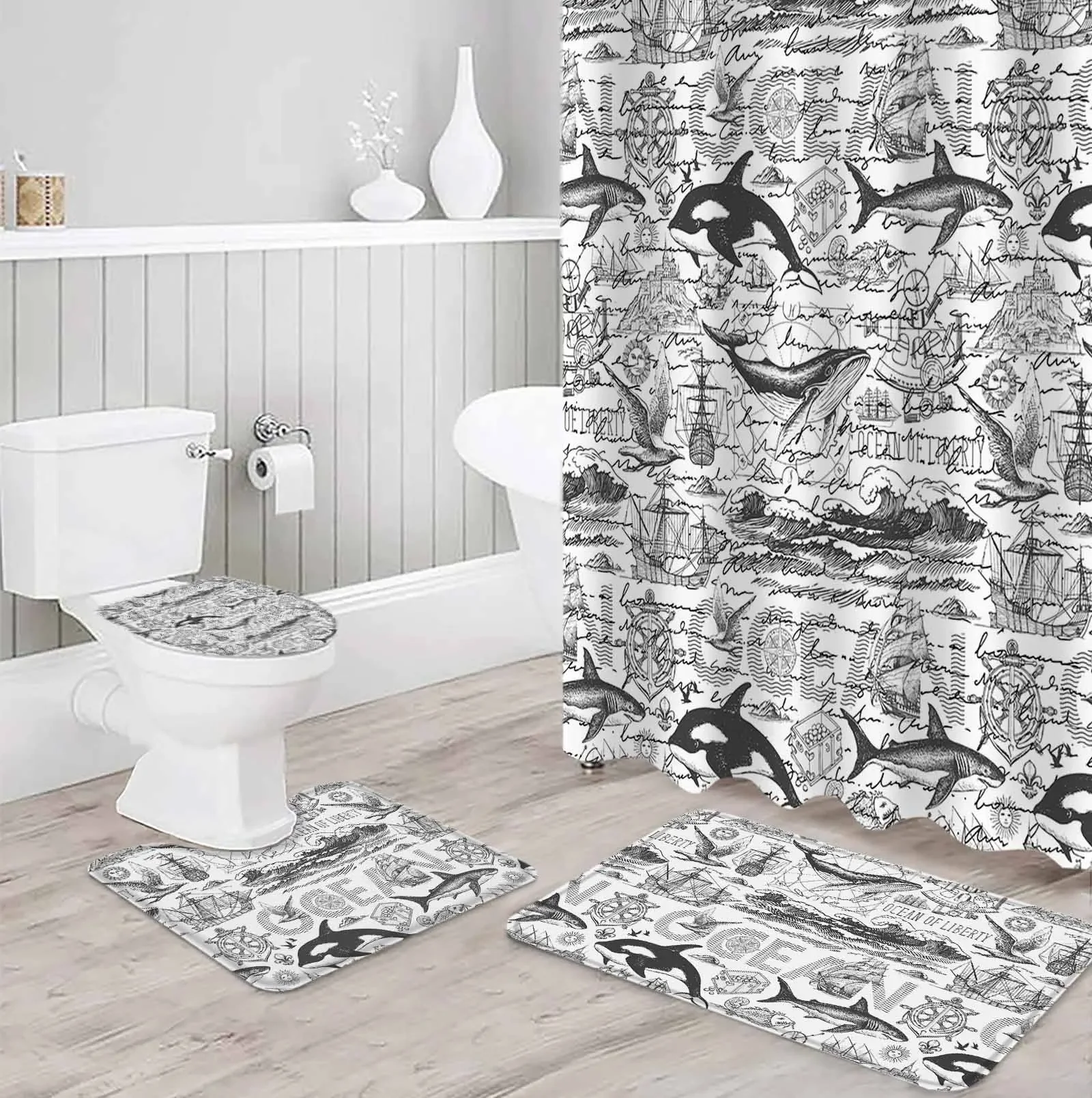 Marine Creatures,DolphinsPolyester Printed Shower Curtain Bathroom Set Luxury Curtain Abstract 4-piece Set Coral Velvet Foot Mat