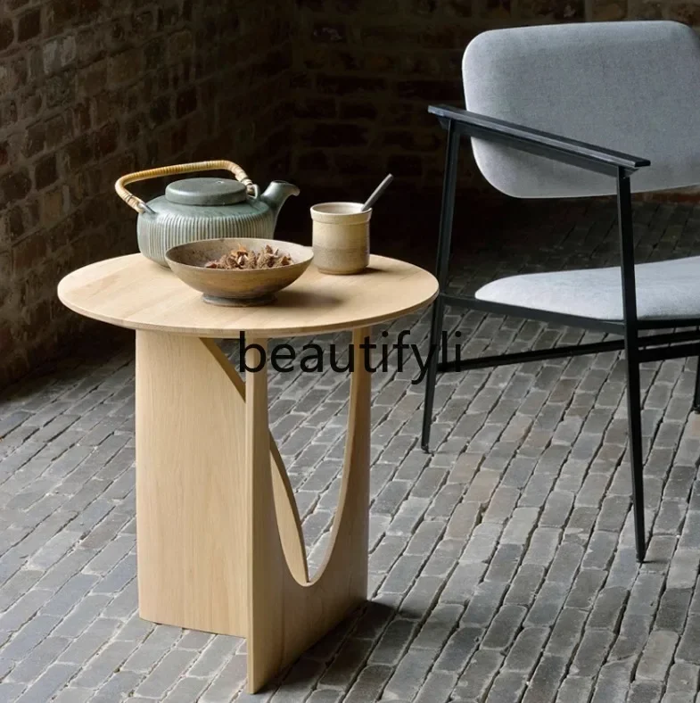 Simple solid wood sofa edge corner table round balcony small coffee table bed side small round table