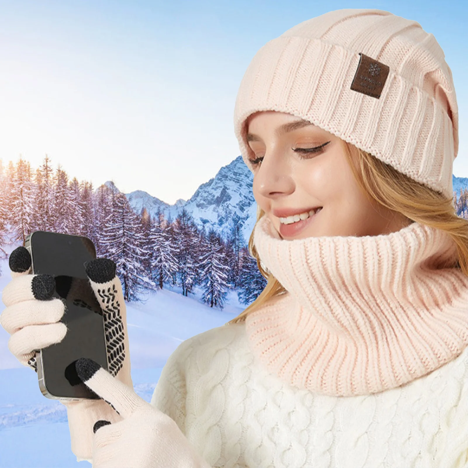 

Winter Hat Glove Scarf Sets Knit Slouchy Beanie Hat Neck Warmer Screen-Touch Texting Gloves n and Women Gift