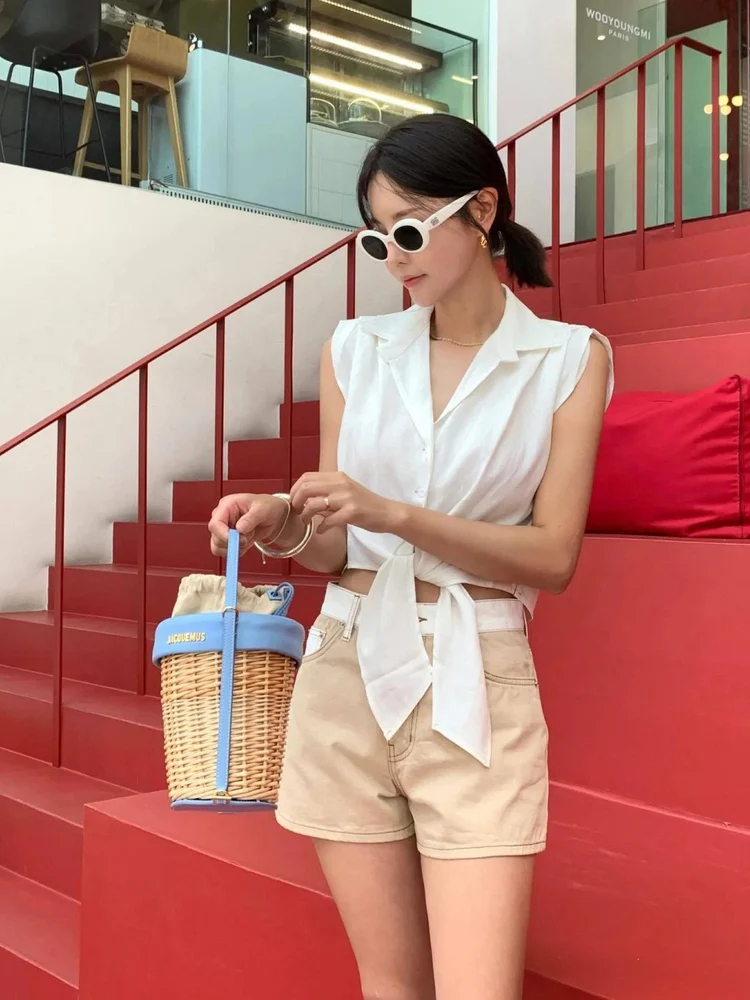 East Gate No-Sve Belted Casual irt Women Summer ort Crop Top Loose Knot Collar Blouse Thin Non-Stretch Cotton Blend