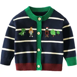 2024 Boys Striped Knitted Sweater Autumn Children Korean Knitting Cardigan Cartoon Embroidered Round Neck Sweaters Thin Coat