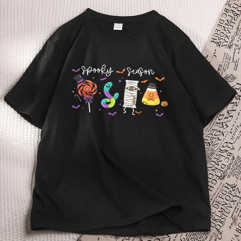 Happy Halloween Candy T Shirt Cute Smiling Characters T-shirts Funny Spooky Season Graphic Tshirts Retro Candy Tees Woman