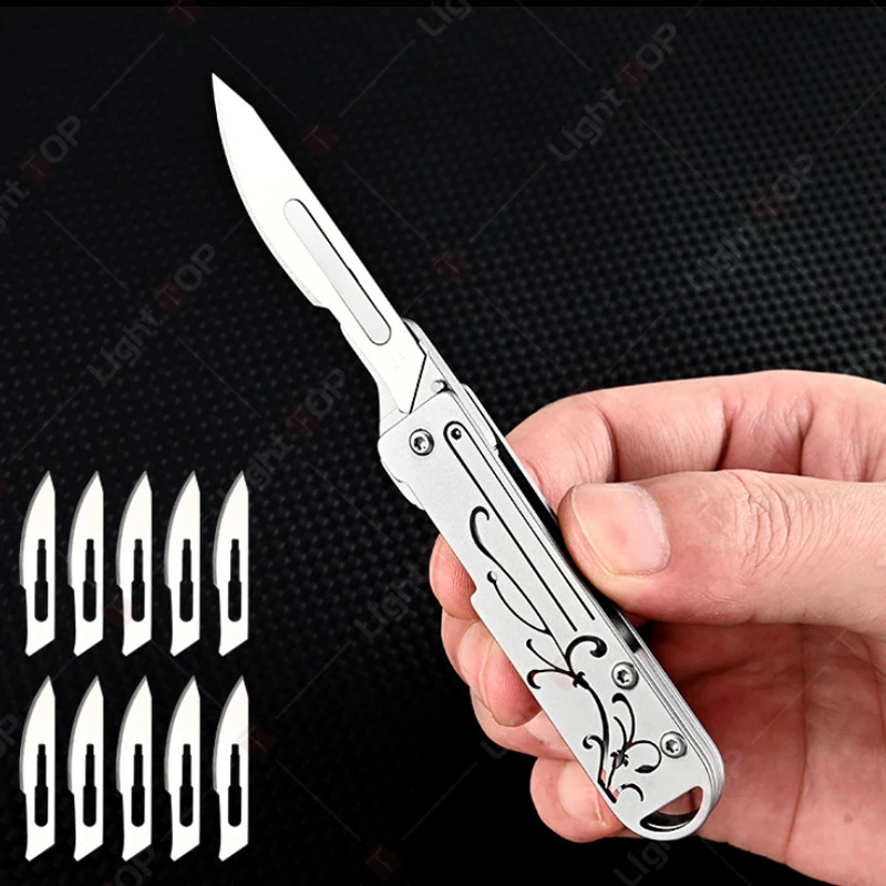 Stainless Steel Mini Knife Kitchen Fruit Folding Knife Open Scalpel Knife Replaceable Blades Sharp Multifunctional Knife Tool