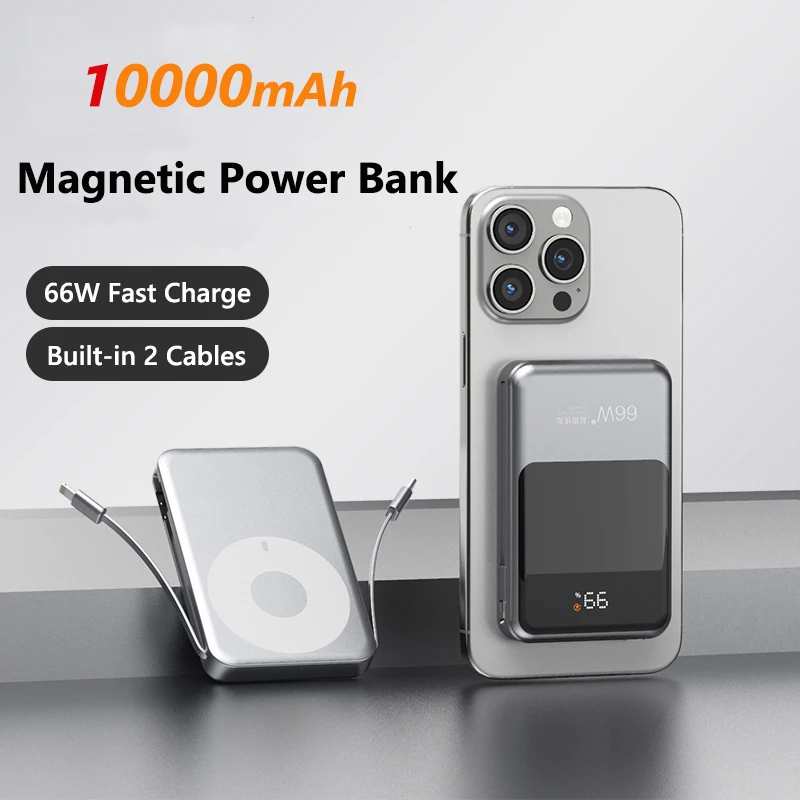 

Магнитный внешний аккумулятор 10000 мАч с кабелем USB-C, быстрая зарядка 66 Вт, беспроводное зарядное устройство для iPhone, Samsung, внешний аккумулятор