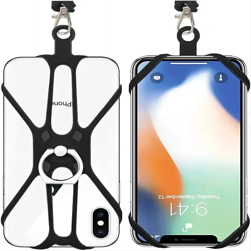 Versal Frame Shaped Silicone Phone Case With Lanyard, Stretchable Silicone Phone Case Wrist Strap Ring Buckle