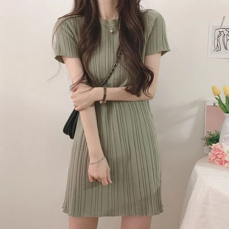 Summer Korean O-Neck Mini Dress Female Clothing All-match Solid Color Short Sleeve Casual A-Line Waist Elegant Folds Dresses New