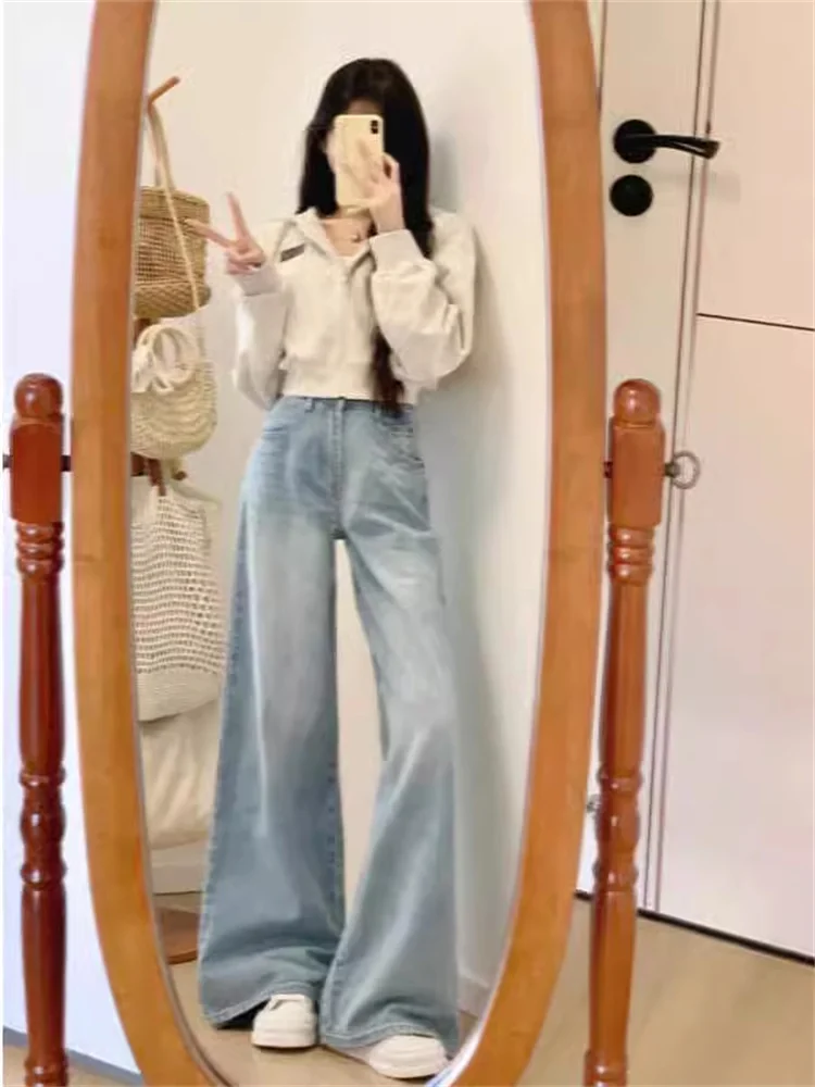 

Women's Fashion Loose Short Hoodie Jacket And Wide Leg Jeans Set Autumn Season Casual Wear High Waist Pants Korean Style