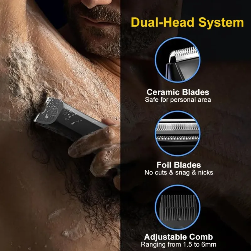 Double-blade Ceramic Bikini & Groin Hair Trimmer with LCD Display IPX7 Waterproof for Sensitive Areas Men's Body Hair Trimmer