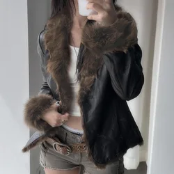 American 2024 Winter New Fur Collar Spliced Leather Jacket Street Hot Girl Fashion Slim and Warm Jacket