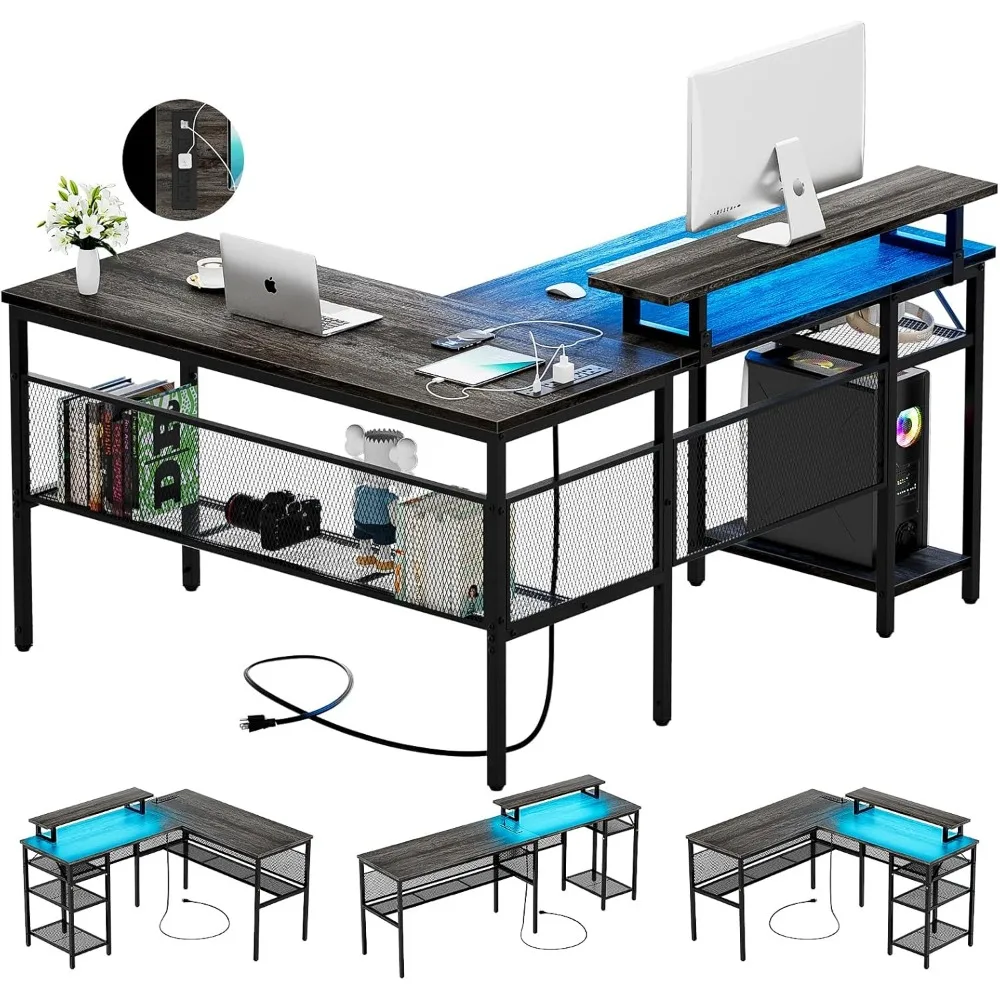 

L Shaped Computer Desk with Magic Power Outlets and Smart LED Light, Reversible Office Corner Desks, Desk