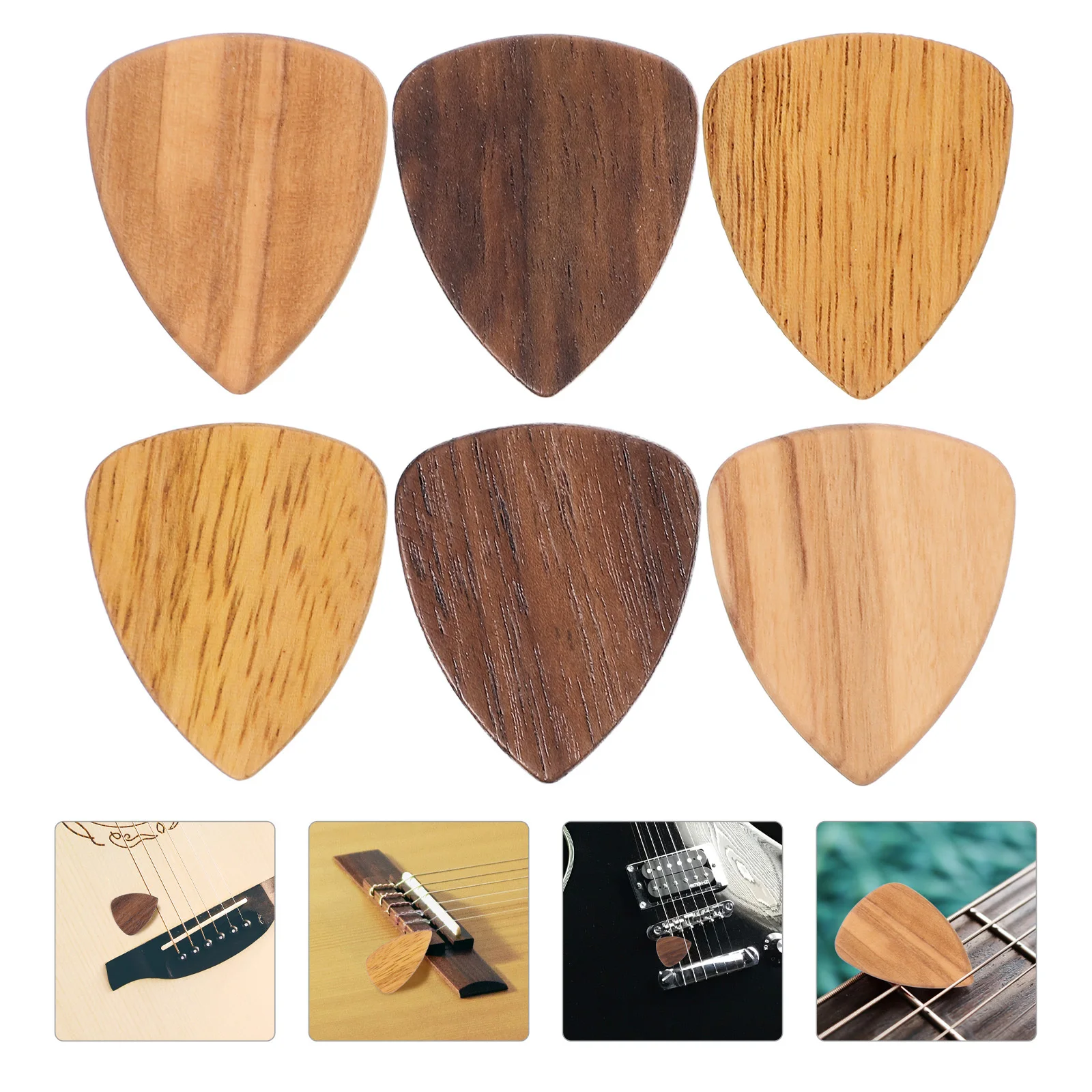 

6Pcs Wooden Guitar Plectrums Wear Resistant Bright Sound for Electric Folk Acoustic Guitar Bass Ukulele Compact Practice Picks