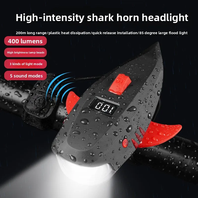 Solar Bicycle Light Front Headlight Night Riding Mountain Bike Cycling Shark-Shaped Ultra-Loud Bell Horn