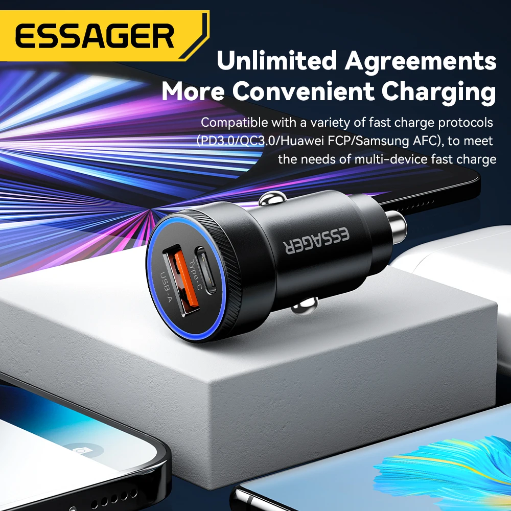 Essager 차량용 USB 충전기, 고속 충전 3.0, QC SCP AFC 30W, USB C 타입, 샤오미 포코, 아이폰, 화웨이, 삼성용, 54W, 5A