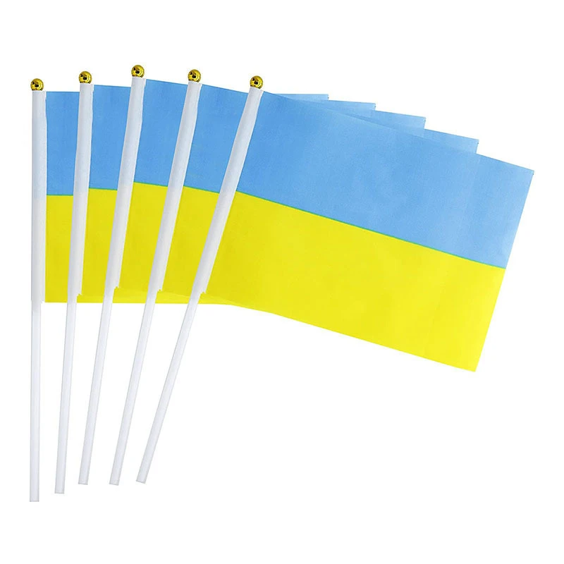 

xvggdg 100pcs 14 * 21cm Wholesale Small Ukraine Hand Waving National Flag Polyester ukraine hand Flag