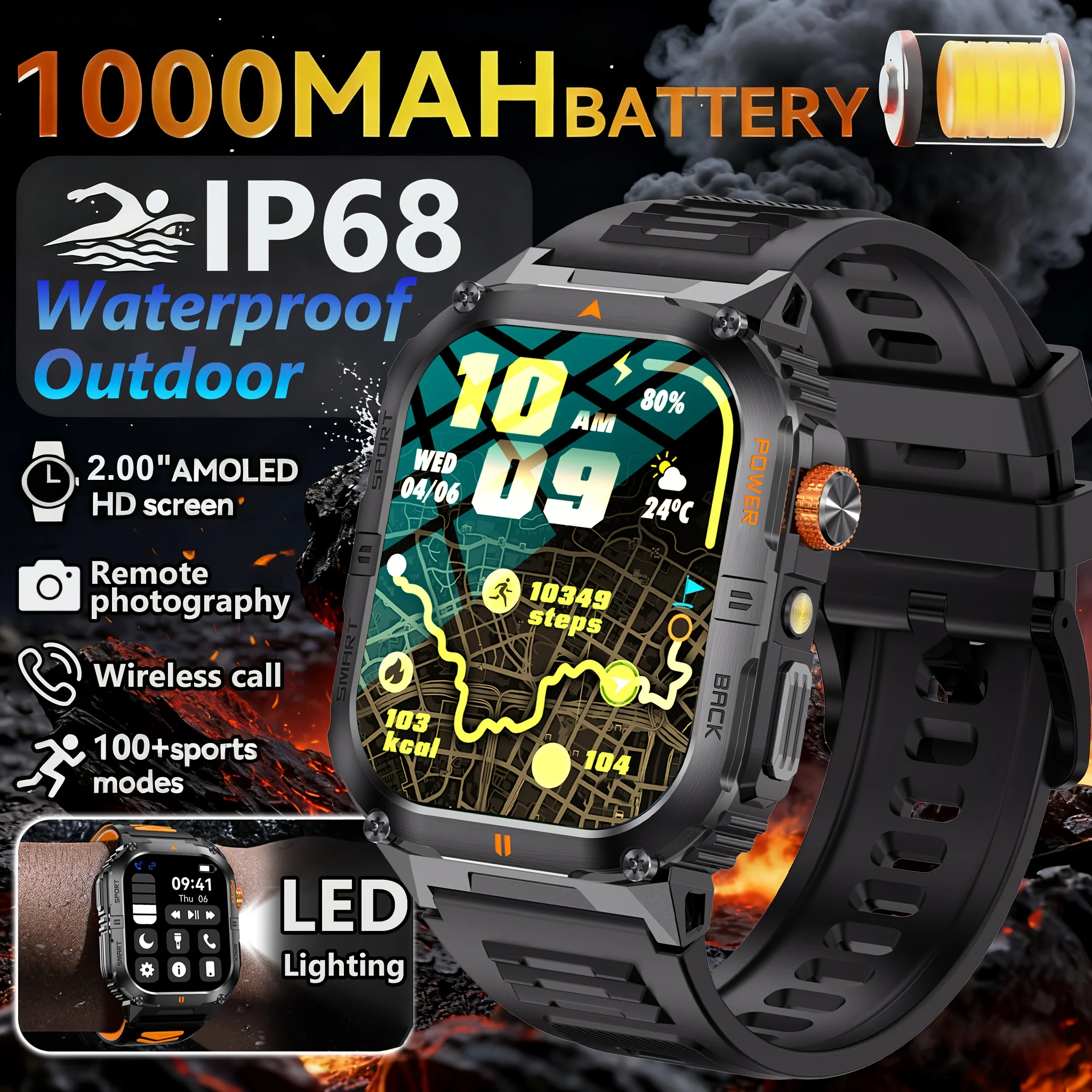 

2026 1000mAh Super Capacity Battery Adult Men Smart Watch 2.0-inch Large Screen Bluetooth Call IP68 Waterproof SmartWatch Sports